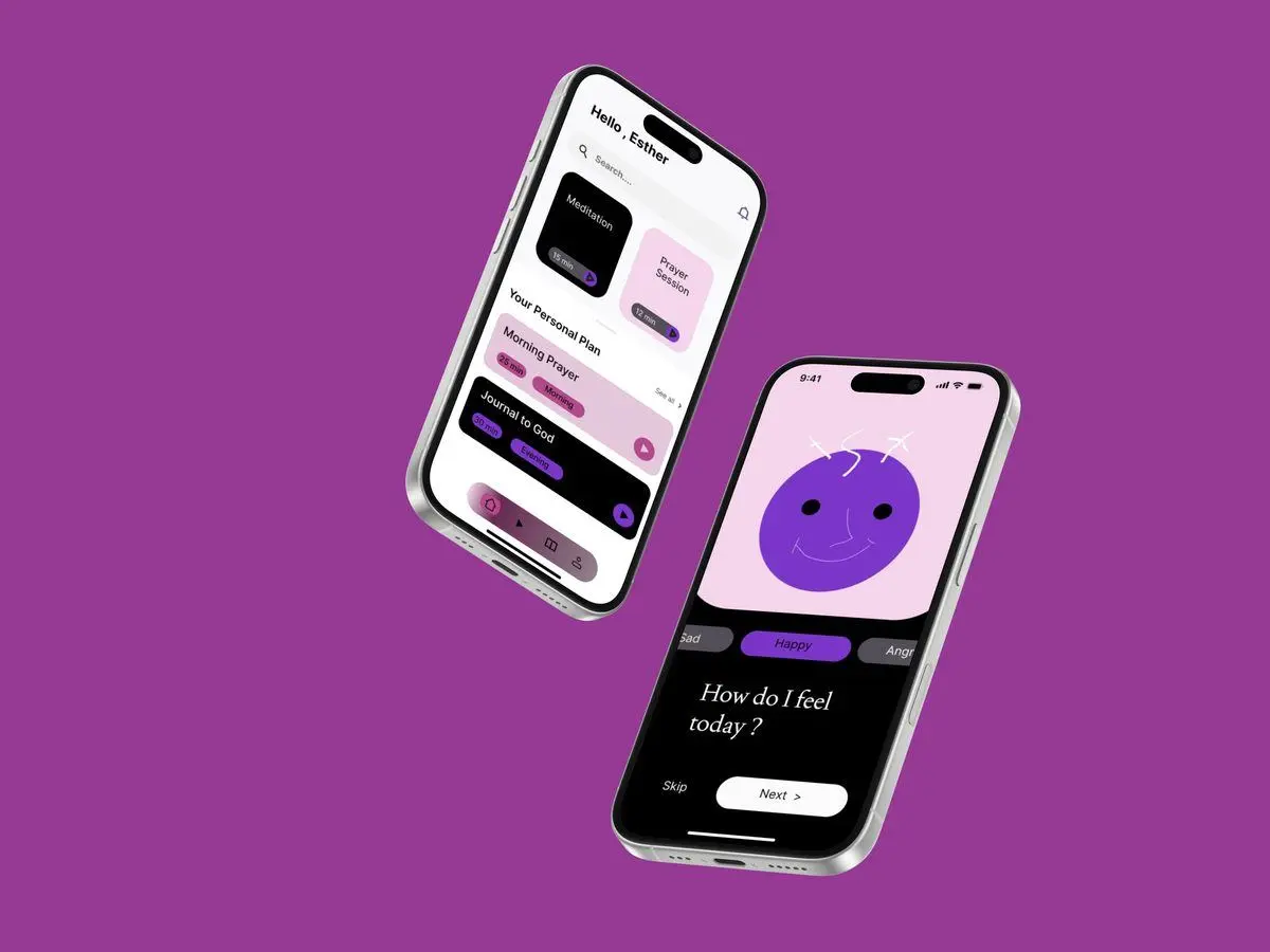 Prayer, meditation, and mood tracking app interface presented across two phone mockups.