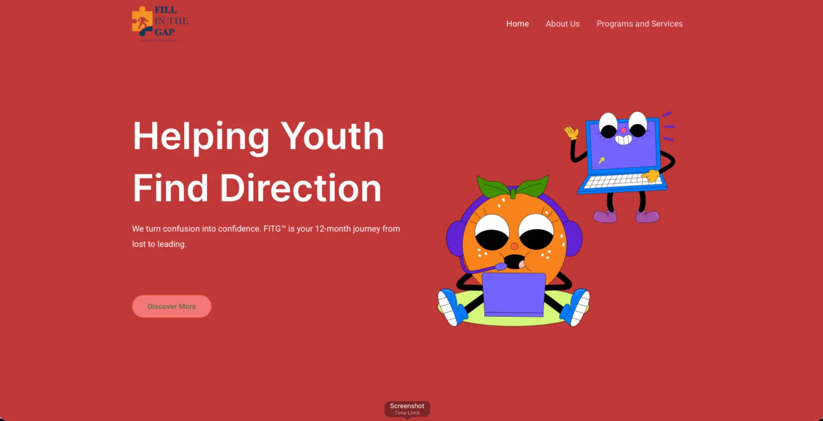 Fill In The Gap youth mentorship website homepage designed by Amare Web Engineering