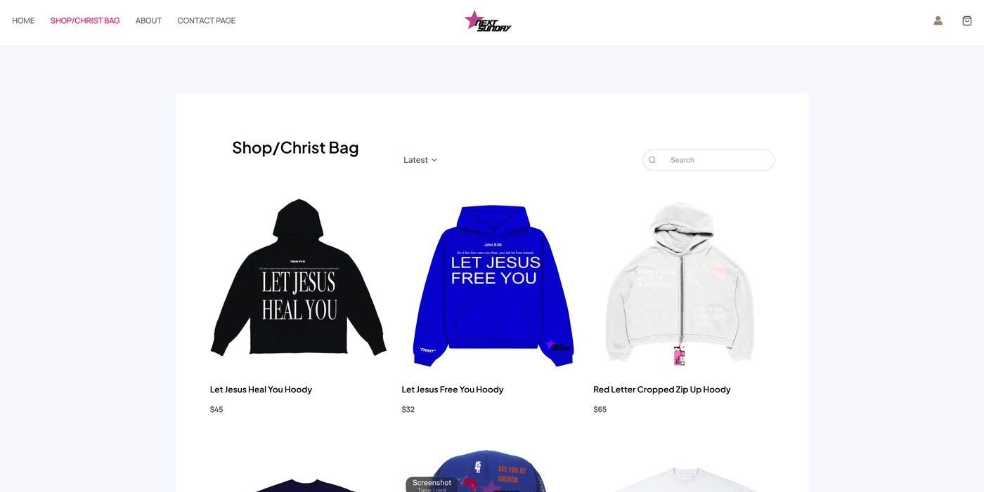 Next Sunday streetwear shop page built by Amare Web Engineering